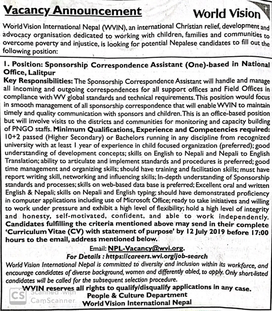 Sponsorship Correspondence Assistant Job Vacancy In Nepal World Vision International Nepal 1164