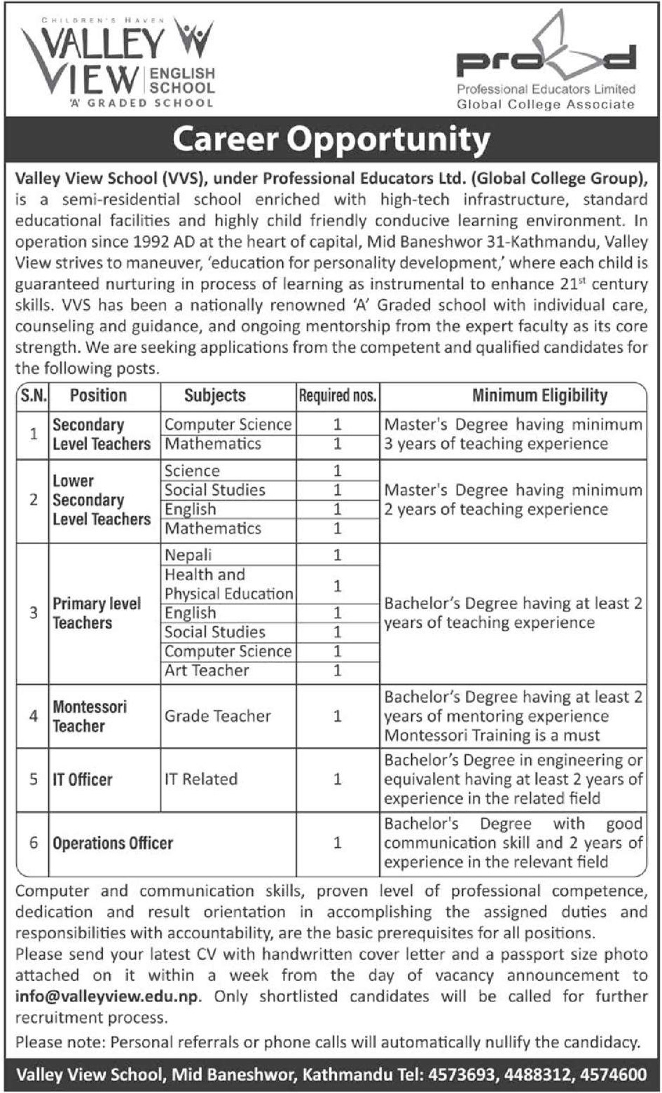 Primary level Teachers Job Vacancy in Nepal Valley View School May