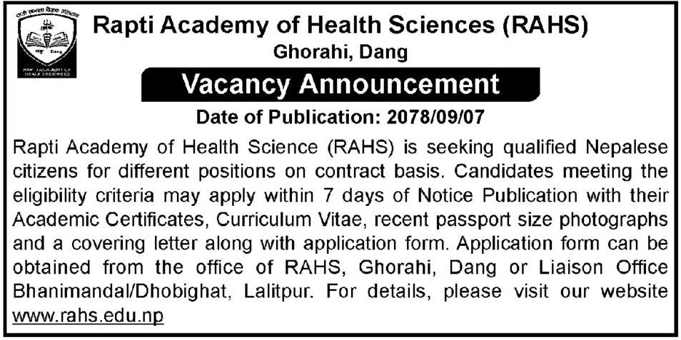 Nursing Coordinator | Medical Faculty hospital jobs 2021 Rapti Academy of health science