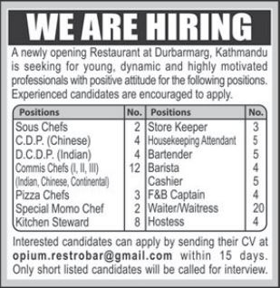Commis Chefs (I, II, III) (Indian, Chinese, Continental)