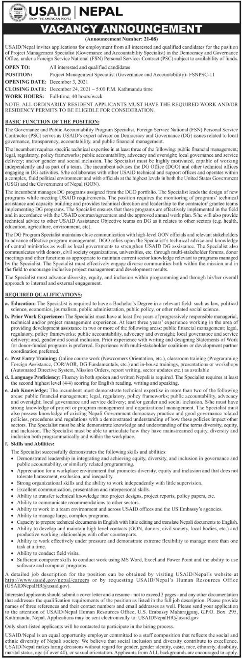 Project Management Specialist Job Vacancy in Nepal - USAID/Nepal - Dec ...