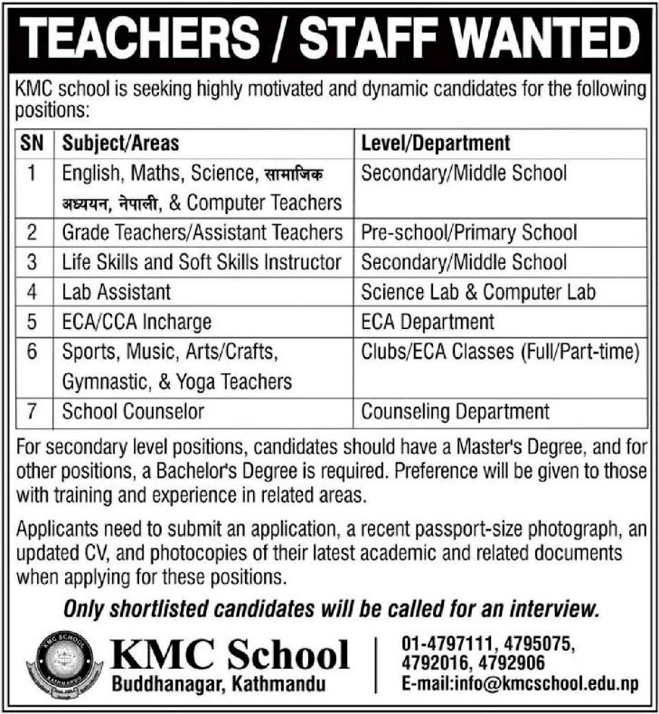 Position Social Studies Teacher Job Vacancy in Nepal KMC School