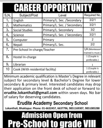 Nepali Teachers (Primary/L.Secondary) Job Vacancy in Nepal - Erudite ...