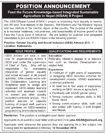 Gender Equality and Social Inclusion (GESI) Advisor (D1)