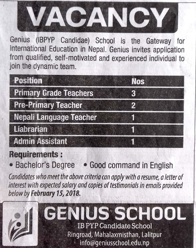 Nepali Language Teacher Job Vacancy In Nepal Genius School Feb 2018 Merojob