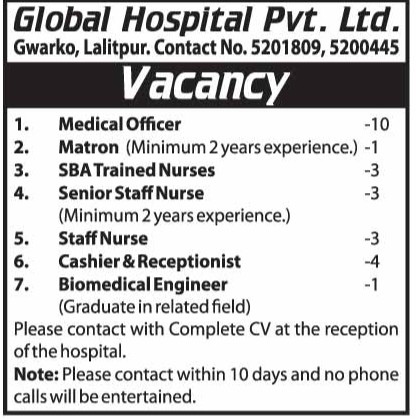 Senior Staff Nurse Job Vacancy In Nepal Global Hospital Jan 2018 Merojob