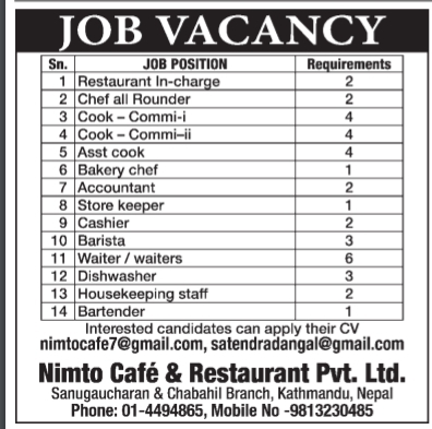Chef All Rounder Job Vacancy In Nepal Nimto Cafe Restaurant Pvt