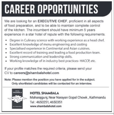 Executive Chef Job Vacancy In Nepal Hotel Shambala April 2018 Merojob