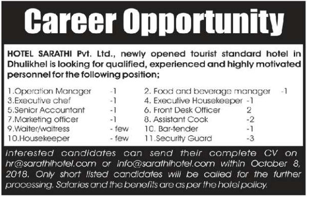 Food And Beverage Manager Job Vacancy In Nepal Hotel Sarathi Pvt Ltd 