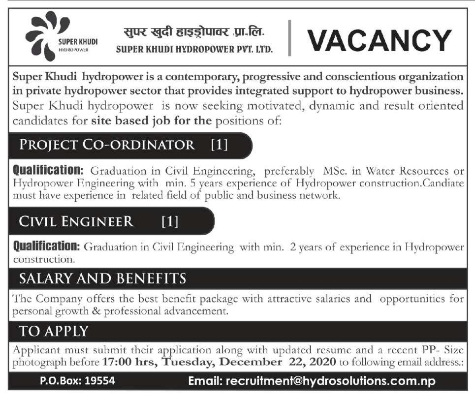 Civil Engineer Job Vacancy in Nepal - SUPER KHUDI HYDROPOWER PVT. LTD