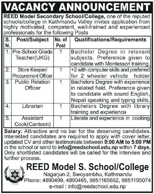 Assistant Cook (Canteen) Job Vacancy in Nepal REED Model Secondary