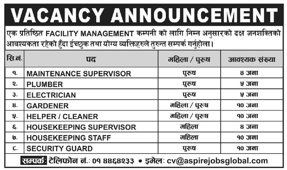 Housekeeping Supervisor Job Vacancy in Nepal एक प्रतिष्ठित Facility