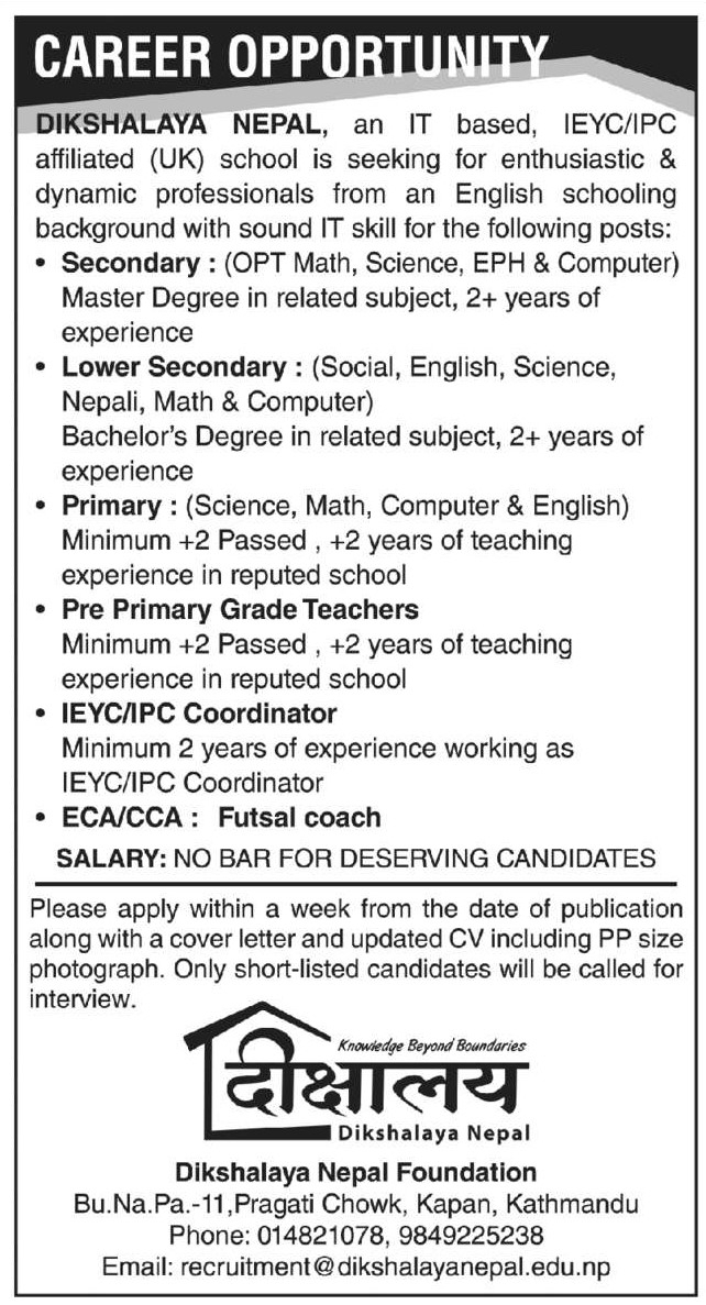Primary Level Teacher Job Vacancy in Nepal Dikshalaya Nepal