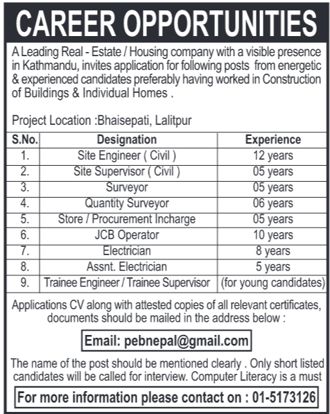 Site Supervisor (Civil) Job Vacancy in Nepal - A leading Real - Estate