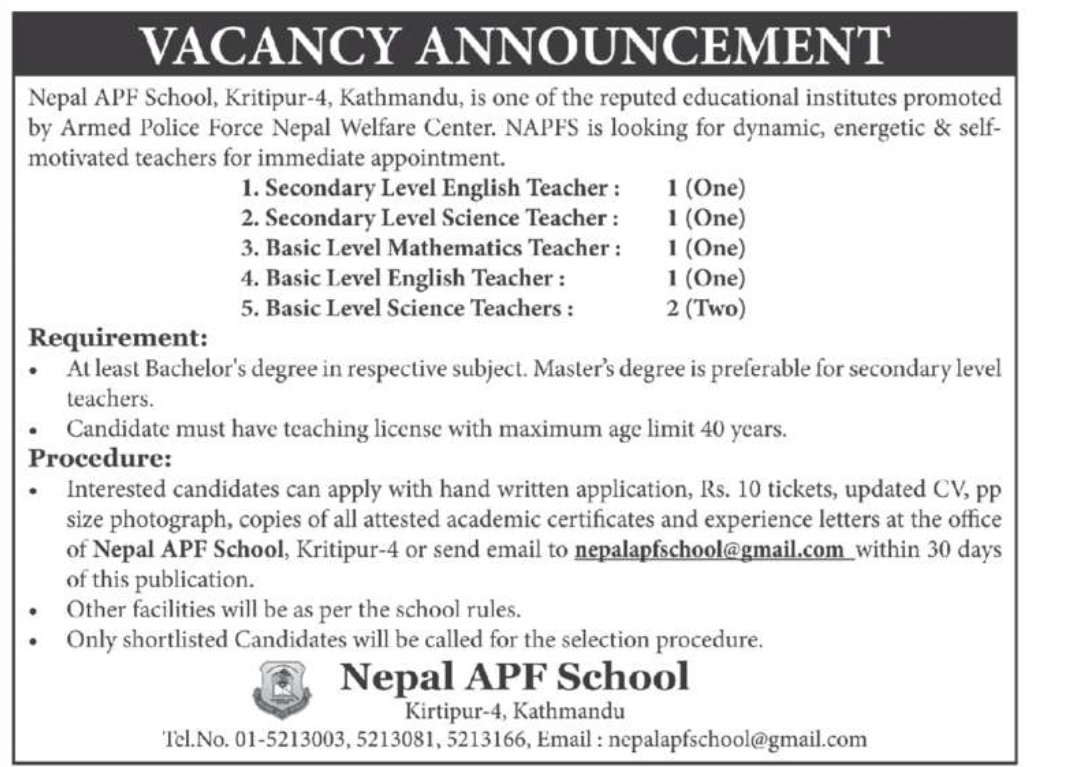 Basic Level Mathematics Teacher Job Vacancy In Nepal Nepal APF School Basic Level Mathematics Teacher Job Vacancy In Nepal Nepal APF School