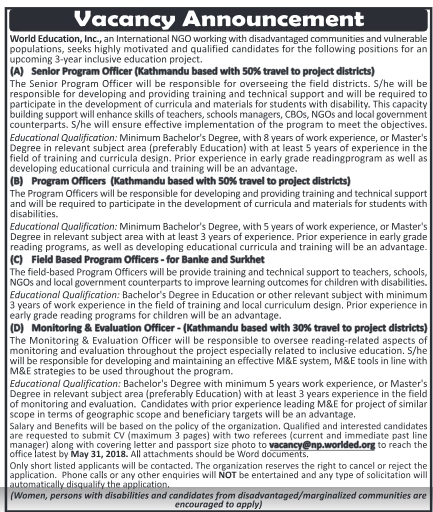 Monitoring and Evaluation Officer  ( kathmandu based with 30% travel to projects districts)